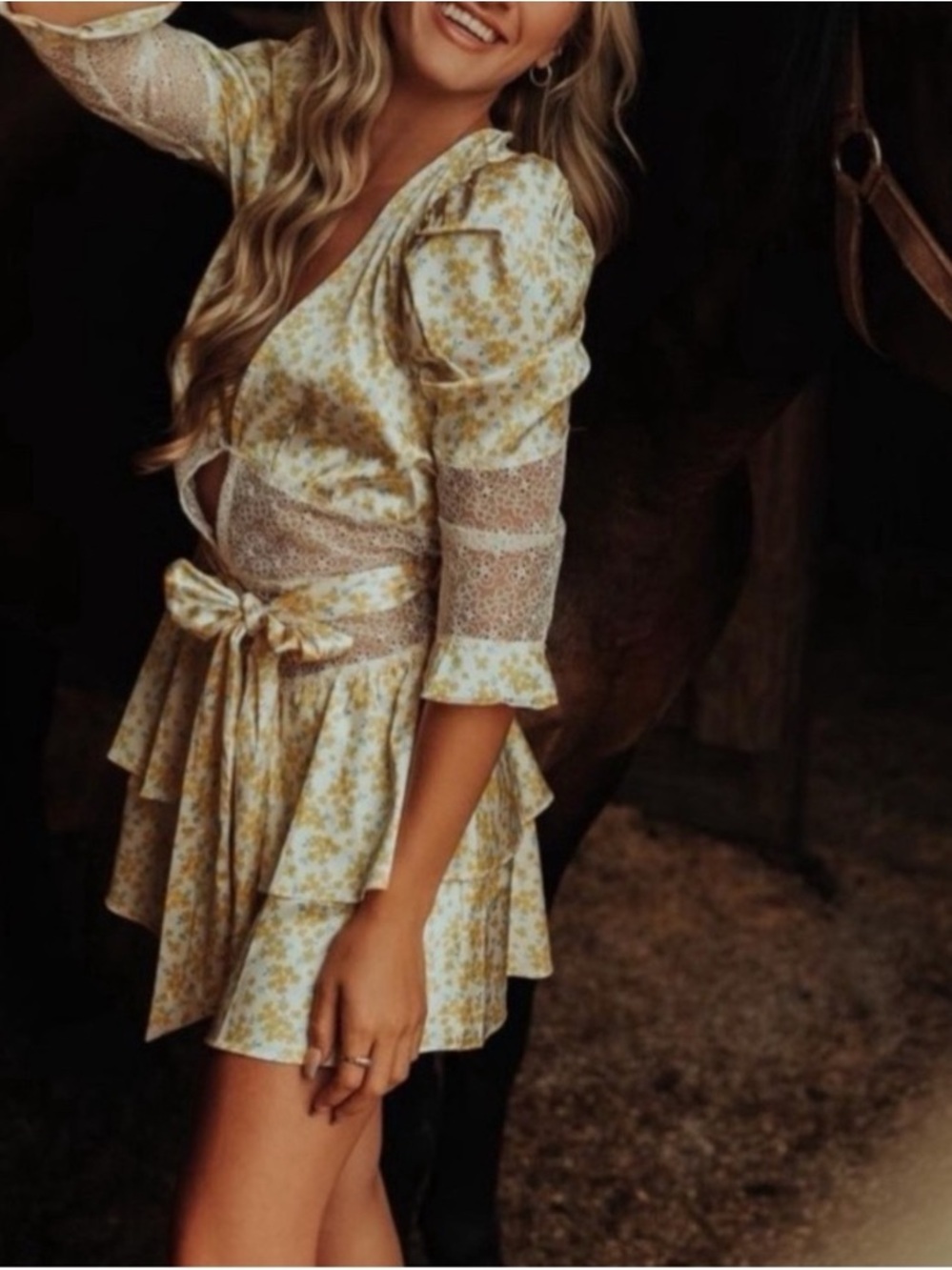 NWOT For Love & Lemons Daffodil Yellow Floral Lace Belted Mini Dress Size Large - Picture 7 of 16